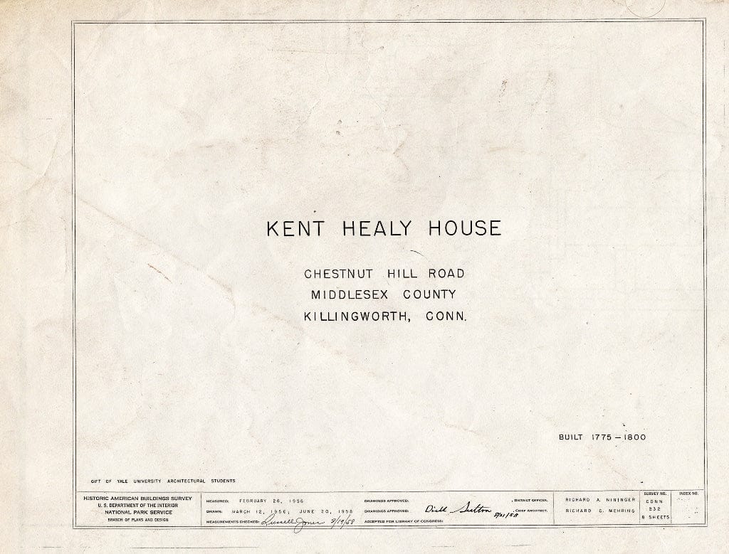 Blueprint HABS Conn,4-KILWO,2- (Sheet 0 of 8) - Kent Healy House, Chestnut Hill Road, Killingworth, Middlesex County, CT
