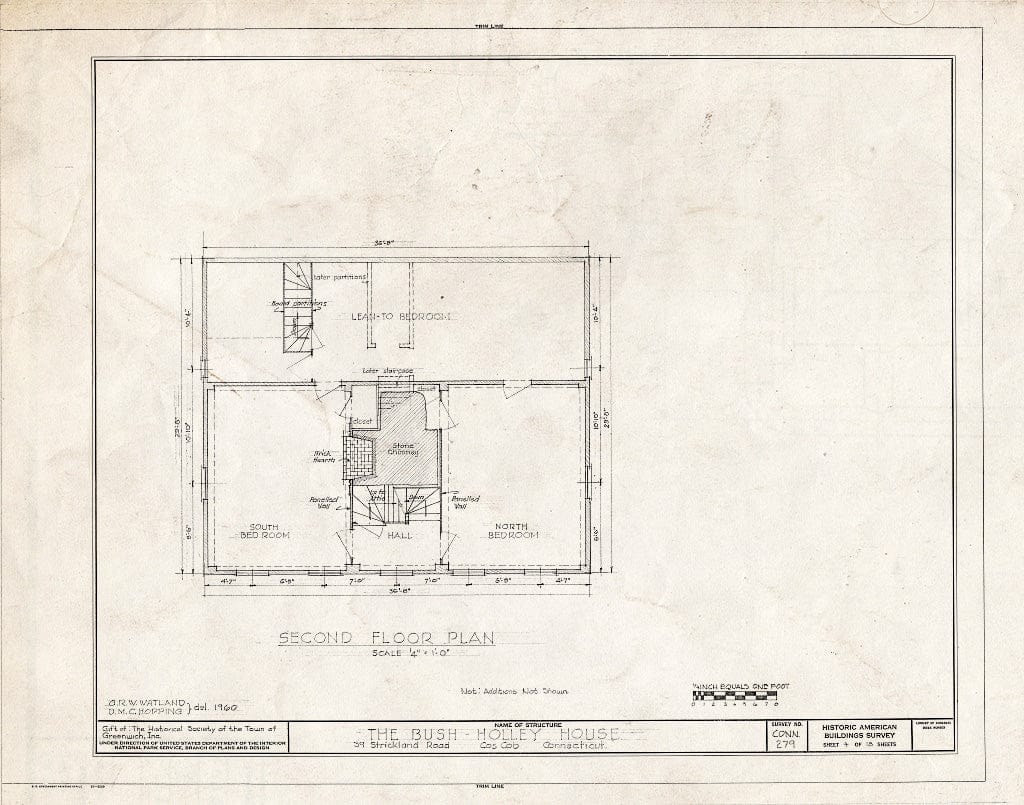 Blueprint Second Floor Plan - Bush-Holley House, 39 Strickland Road, Cos Cob, Fairfield County, CT