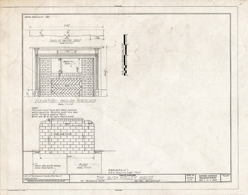 Blueprint Parlor Fireplace (Elevation and Plan) - Bush-Holley House, 39 Strickland Road, Cos Cob, Fairfield County, CT
