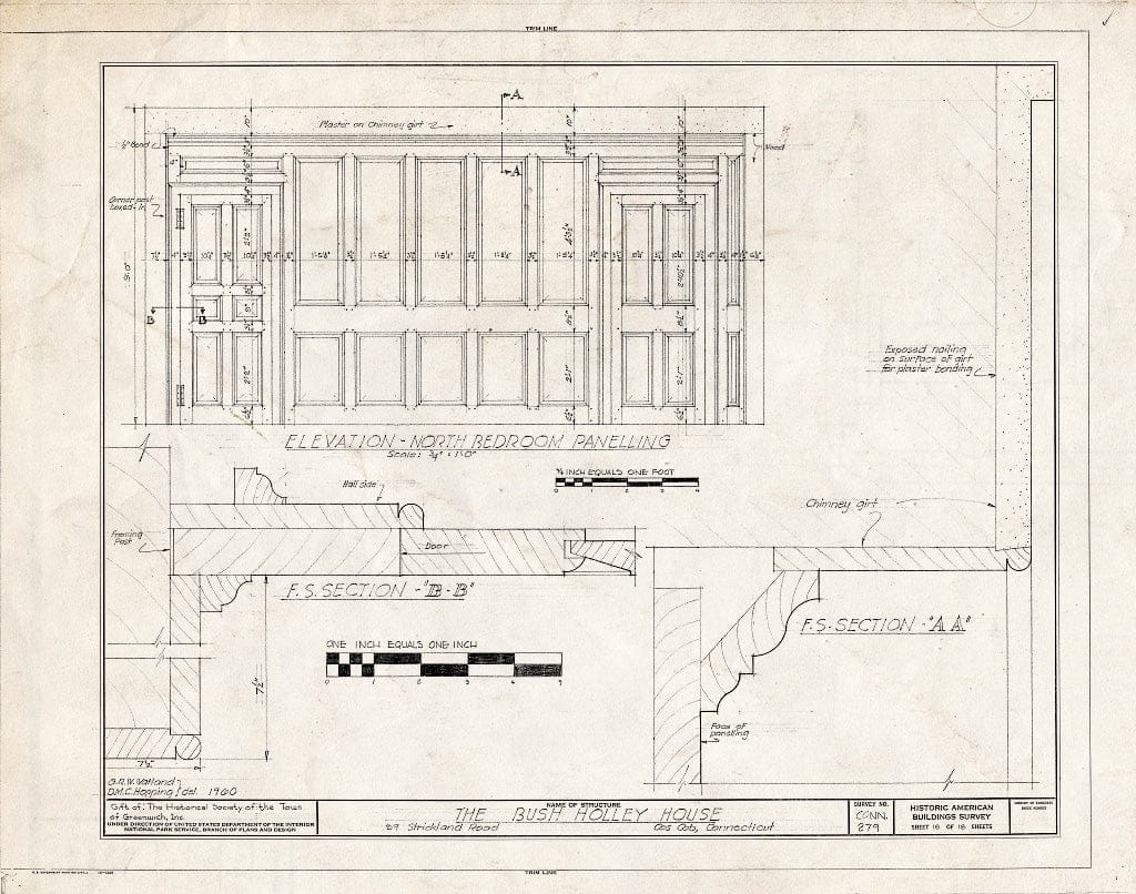 Blueprint North Bedroom Paneling (Elevation and Sections) - Bush-Holley House, 39 Strickland Road, Cos Cob, Fairfield County, CT