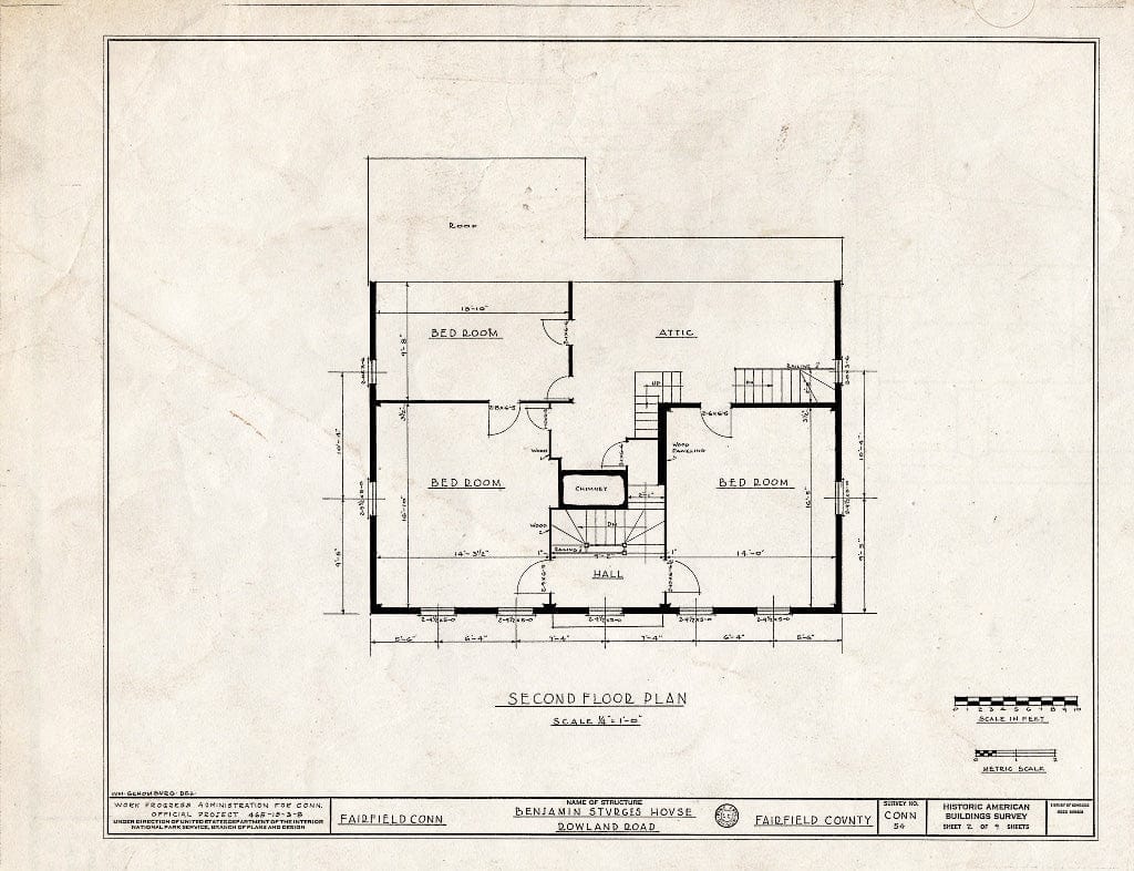 Blueprint HABS Conn,1-FAIRF,9- (Sheet 2 of 9) - Benjamin Sturges House, 13 Rowland Road, Fairfield, Fairfield County, CT