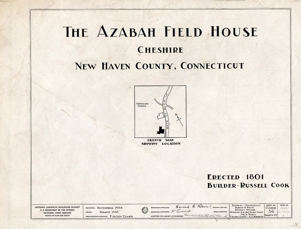 Blueprint HABS Conn,5-CHESH,2- (Sheet 0 of 9) - Azabah Field House, Main Street, Cheshire, New Haven County, CT