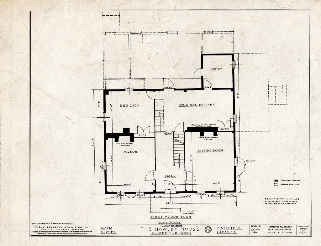 Blueprint HABS Conn,1-RIDG,2- (Sheet 1 of 9) - Reverend Thomas Hawley House, Main Street & Branchville Road, Ridgefield, Fairfield County, CT