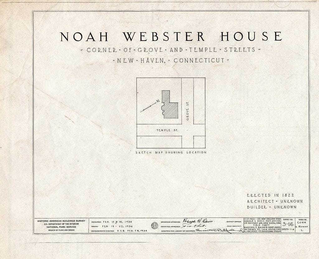 Blueprint HABS Conn,5-NEWHA,7- (Sheet 0 of 4) - Noah Webster House, Temple & Grove Streets (Moved to MI, Dearborn), New Haven, New Haven County, CT