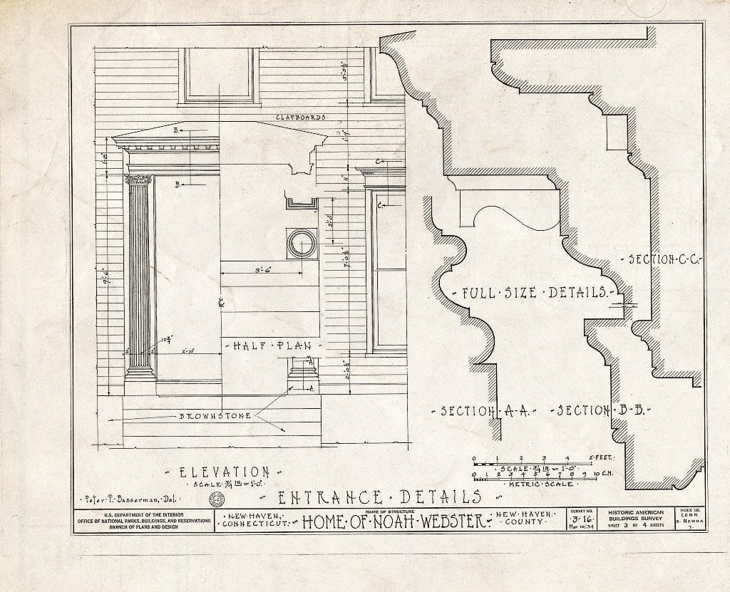 Blueprint HABS Conn,5-NEWHA,7- (Sheet 3 of 4) - Noah Webster House, Temple & Grove Streets (Moved to MI, Dearborn), New Haven, New Haven County, CT