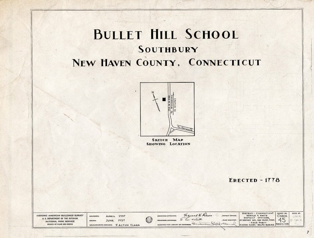 Blueprint HABS Conn,5-SOUB,7- (Sheet 0 of 13) - Bullet Hill School, U.S. Routes 6 & 202, Southbury, New Haven County, CT