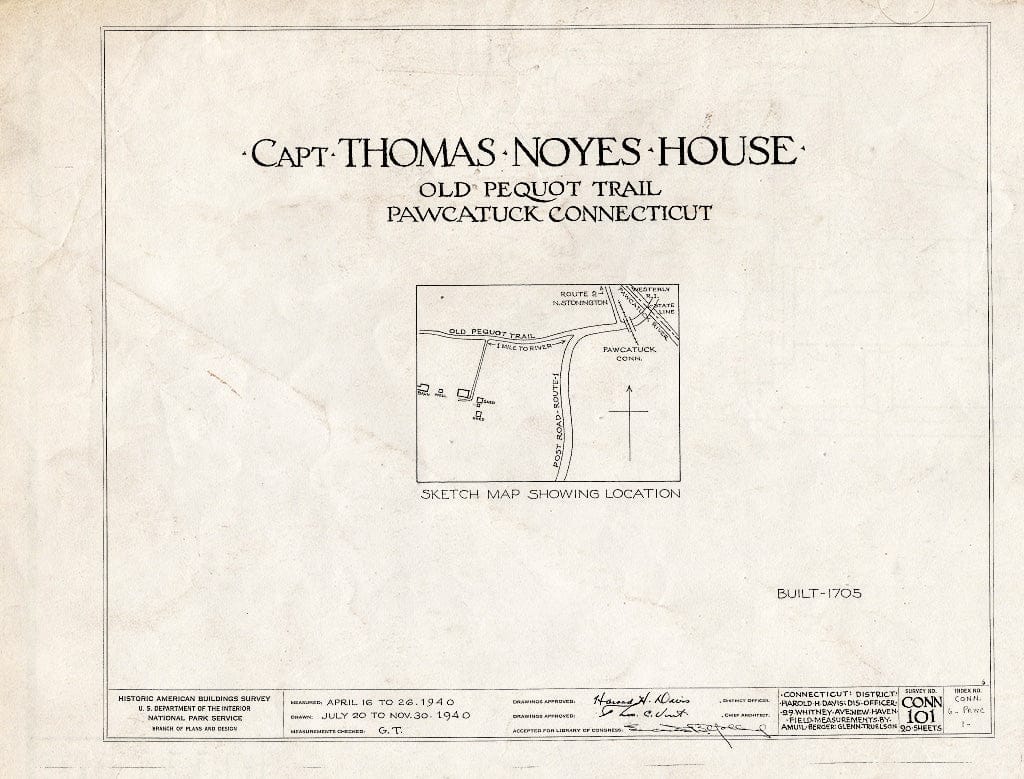 Blueprint HABS Conn,6-PAWC,1- (Sheet 0 of 20) - Captain Thomas Noyes House, Old Pequot Trail, Pawcatuck, New London County, CT