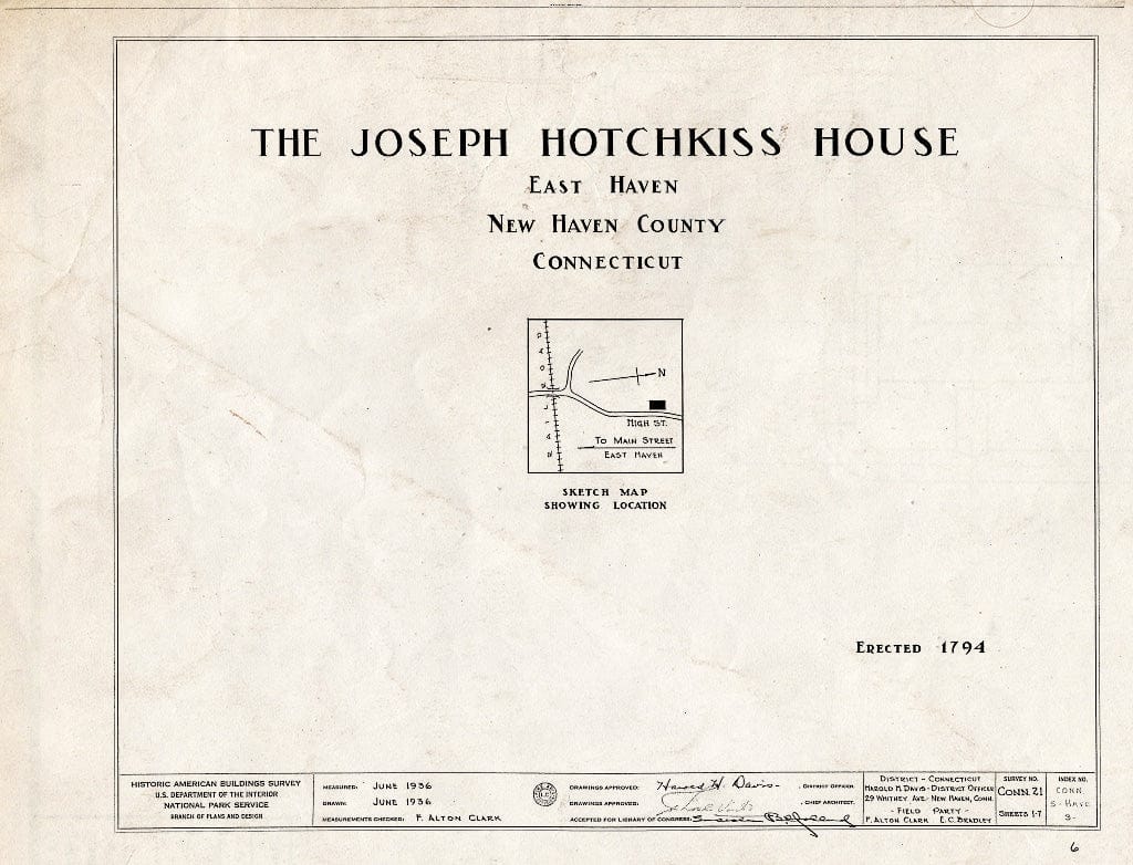 Blueprint HABS Conn,5-Have,3- (Sheet 0 of 7) - Joseph Hotchkiss House, North High Street, East Haven, New Haven County, CT