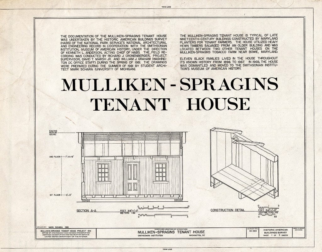 Blueprint HABS DC,WASH,492- (Sheet 1 of 3) - Mulliken-Spragins Tenant House, National Museum of American History, Smithsonian Institution, Washington, District of Columbia, DC