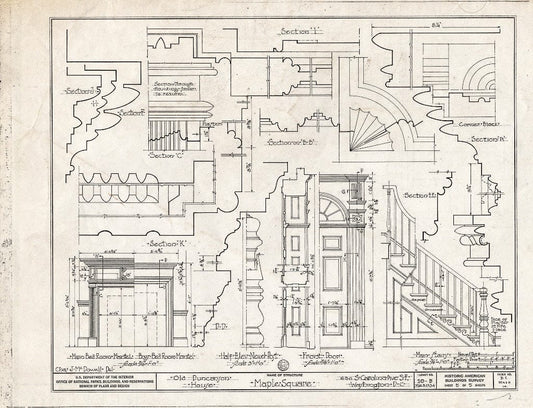 Blueprint 5. Mantels, Newel Post, Front Door, and Main Stair Details - The Maples, 630 South Carolina Avenue Southeast, Washington, District of Columbia, DC