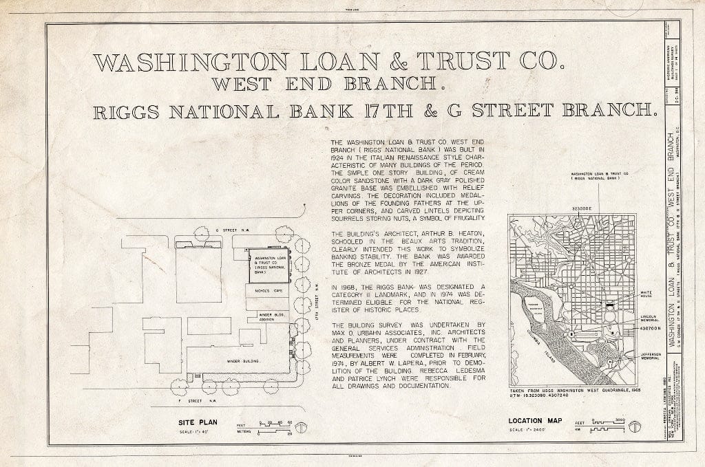 Blueprint HABS DC,WASH,540- (Sheet 1 of 14) - Washington Loan & Trust Company, West End Branch, Seventeenth & G Streets Northwest, Washington, District of Columbia, DC
