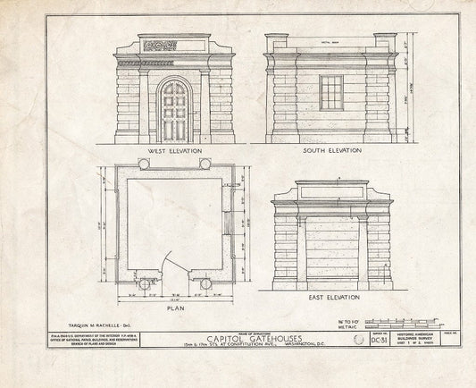 Blueprint 1. Elevations and Plan - U.S. Capitol Gatehouses, Fifteenth & Seventeenth Streets at Constitution Avenue, Washington, District of Columbia, DC