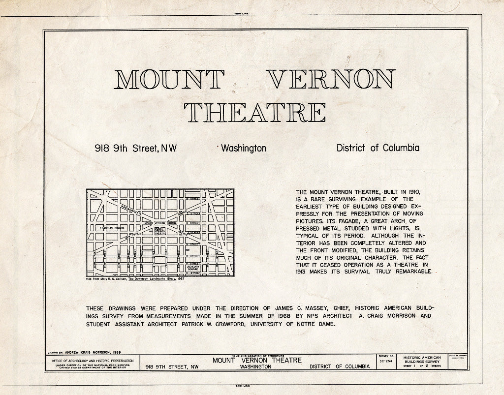 Blueprint HABS DC,WASH,219- (Sheet 1 of 2) - Mount Vernon Theatre, 918 Ninth Street Northwest, Washington, District of Columbia, DC