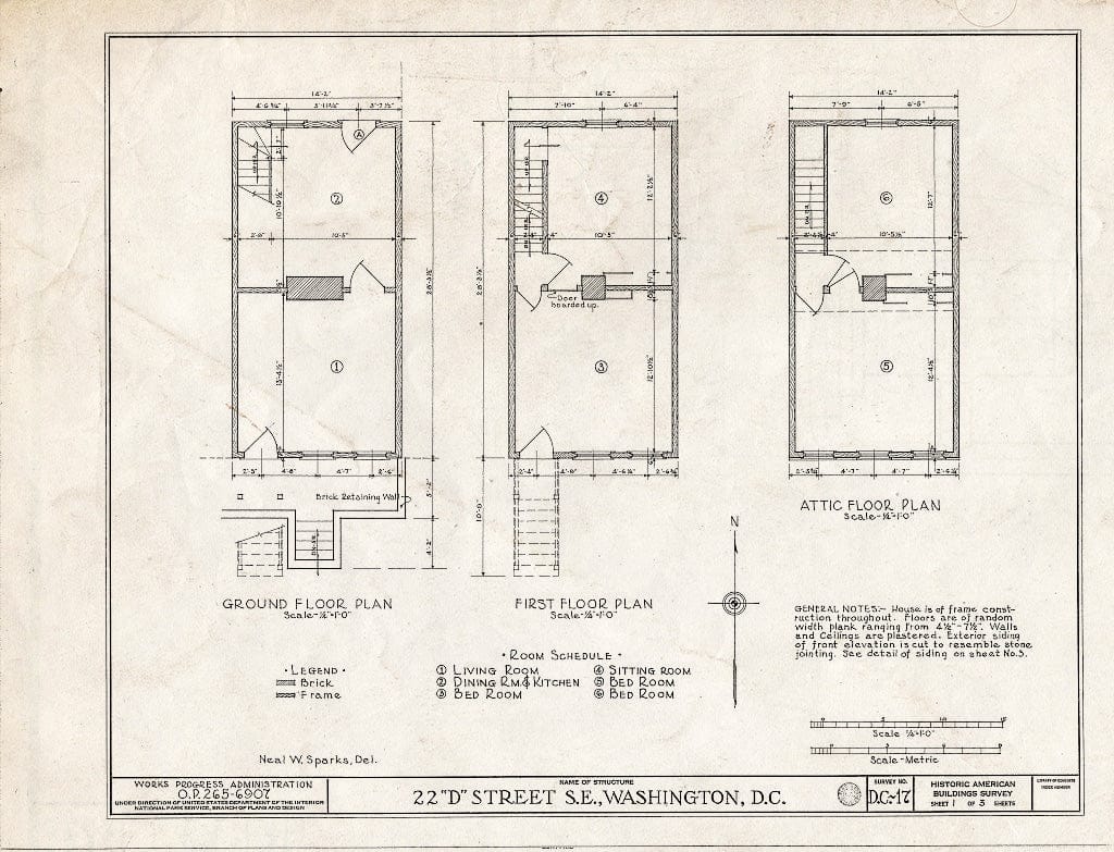 Blueprint HABS DC,WASH,127- (Sheet 1 of 3) - 22 D Street Southeast (House), Washington, District of Columbia, DC