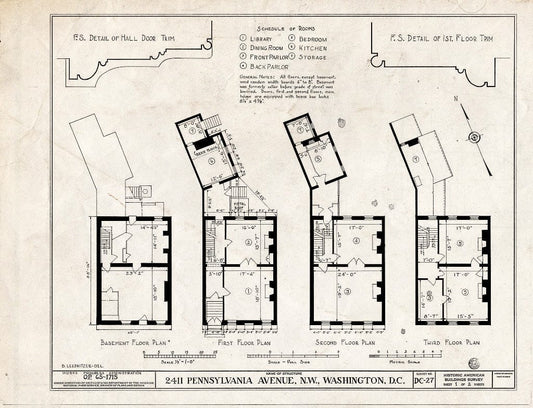 Blueprint 1. Floor Plans and Trim Details - 2411 Pennsylvania Avenue Northwest (House), Washington, District of Columbia, DC