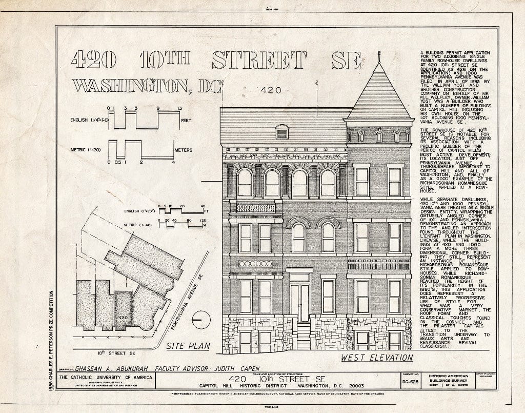 Blueprint HABS DC,WASH,580- (Sheet 1 of 4) - 420 Tenth Street, Southeast (House), Washington, District of Columbia, DC
