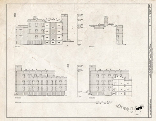 Blueprint 7. East & West Elevations - St. Elizabeths Hospital, West Wing, 539-559 Cedar Drive, Southeast, Washington, District of Columbia, DC