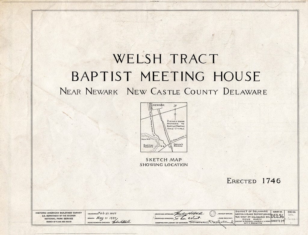 Blueprint HABS DEL,2-COOBR.V,1- (Sheet 0 of 4) - Welsh Tract Baptist Church, Welsh Tract Church Road, Newark, New Castle County, DE