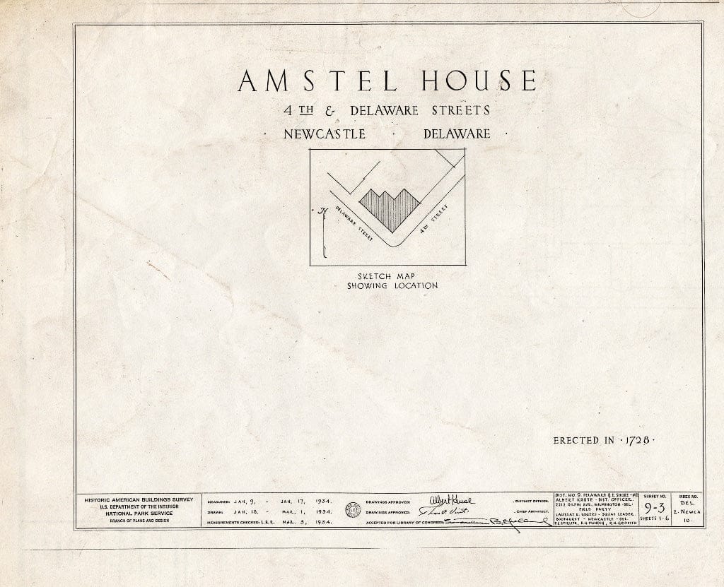 Blueprint HABS DEL,2-NEWCA,10- (Sheet 0 of 6) - Amstel House, 2 East Fourth Street, New Castle, New Castle County, DE