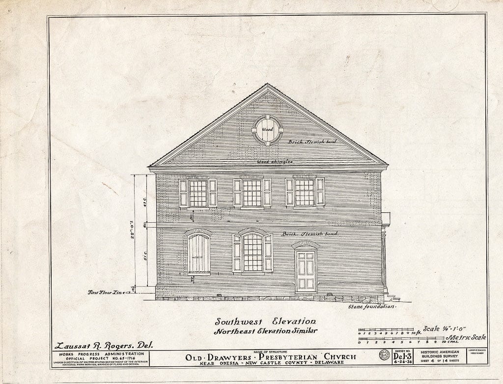 Blueprint HABS DEL,2-OD.V,1- (Sheet 4 of 14) - Old Drawyers Presbyterian Church, Route 13, Odessa, New Castle County, DE