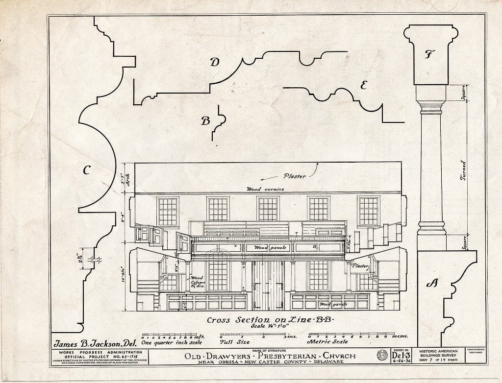 Blueprint HABS DEL,2-OD.V,1- (Sheet 7 of 14) - Old Drawyers Presbyterian Church, Route 13, Odessa, New Castle County, DE