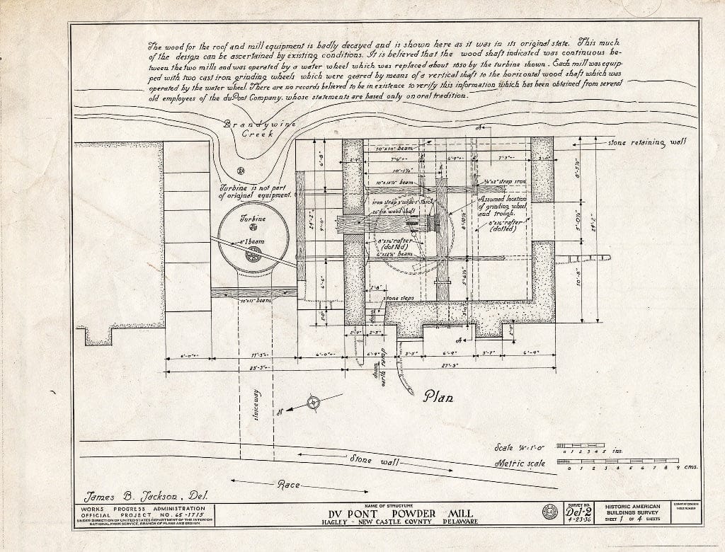 Blueprint HABS DEL,2-HAG,1- (Sheet 1 of 4) - Dupont Powder Mill, Hagley Museum, on Brandywine River, Greenville, New Castle County, DE