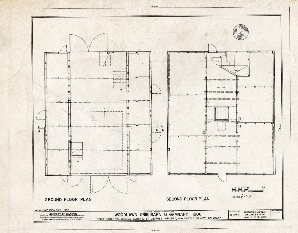 Blueprint HABS DEL,2-OD.V,4-D- (Sheet 1 of 3) - Woodlawn, Crib Barn & Granary, Saint Georges Hundred, County Route 429, East of Route 428, Odessa, New Castle County, DE