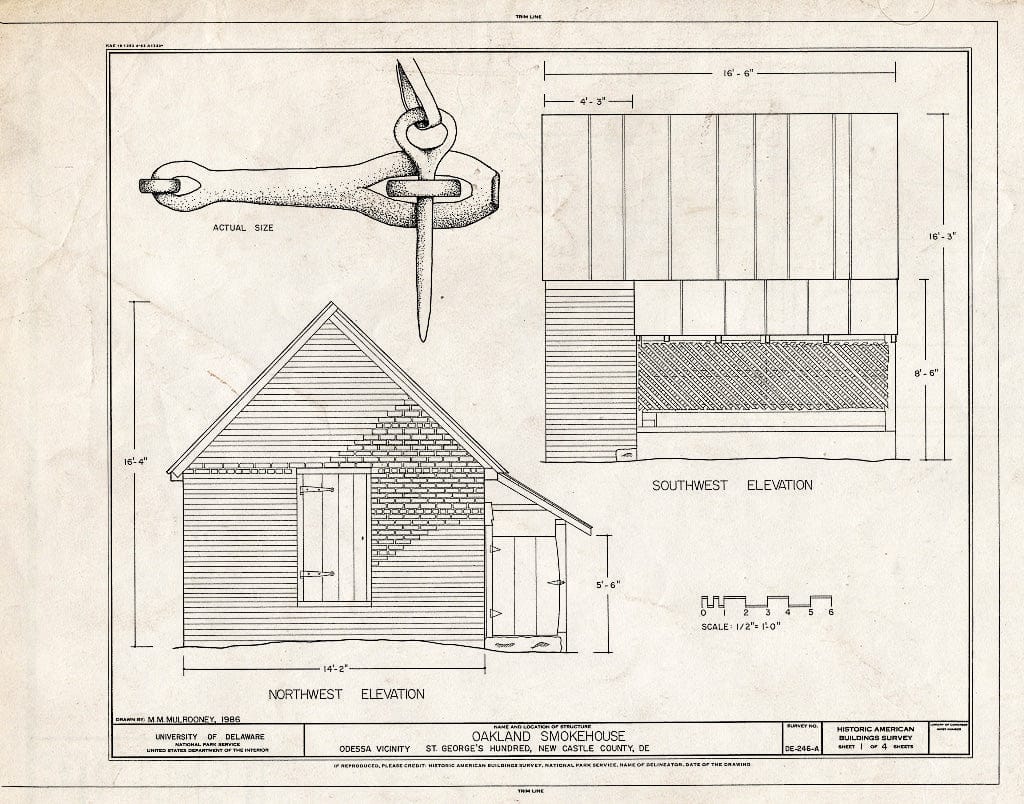 Blueprint HABS DEL,2-OD.V,5 (Sheet 1 of 4) - Oakland Plantation, Smokehouse, Intersection of Routes 428 & 429 (Saint Georges Hundred), Odessa, New Castle County, DE