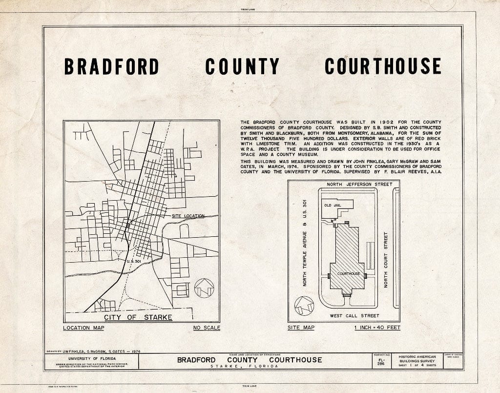 Blueprint HABS FLA,4-Starke,1- (Sheet 1 of 4) - Bradford County Courthouse, West Call Street, Starke, Bradford County, FL