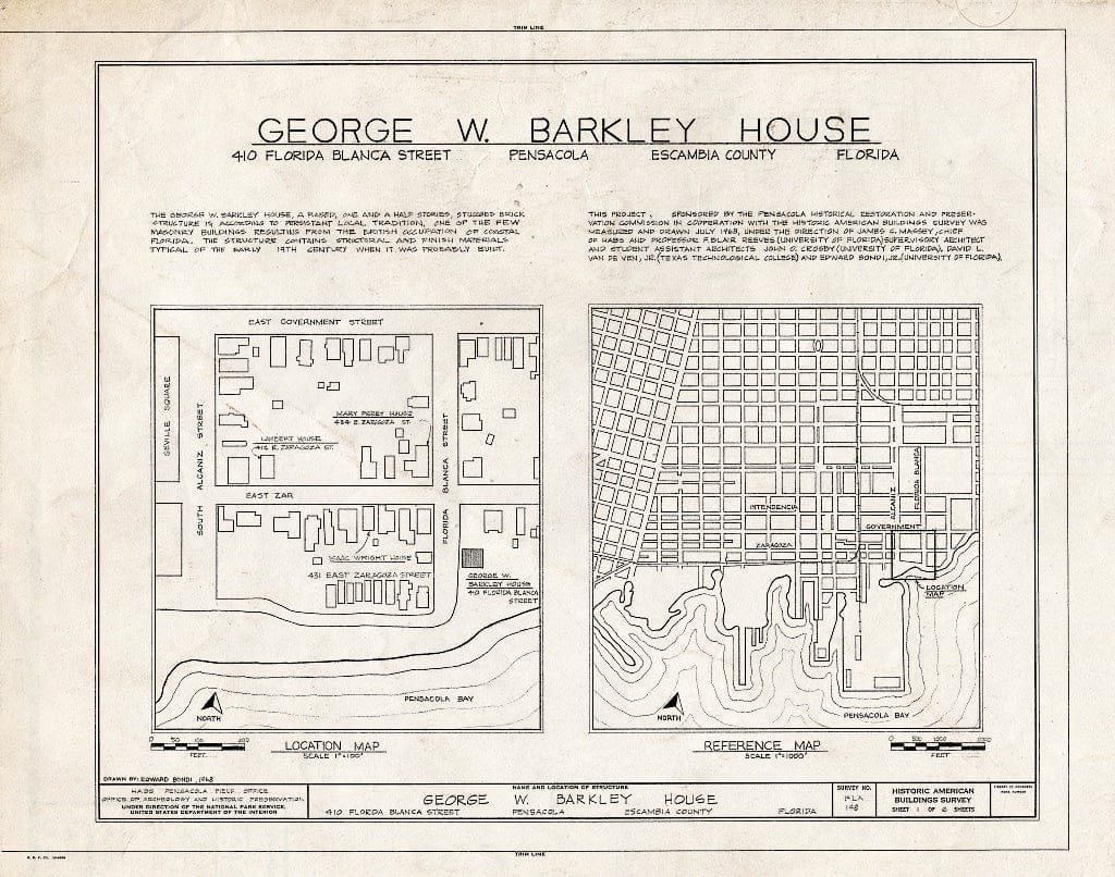 Blueprint HABS FLA,17-Pensa,7- (Sheet 1 of 6) - Barkley House, 410 South Florida Blanca Street, Pensacola, Escambia County, FL