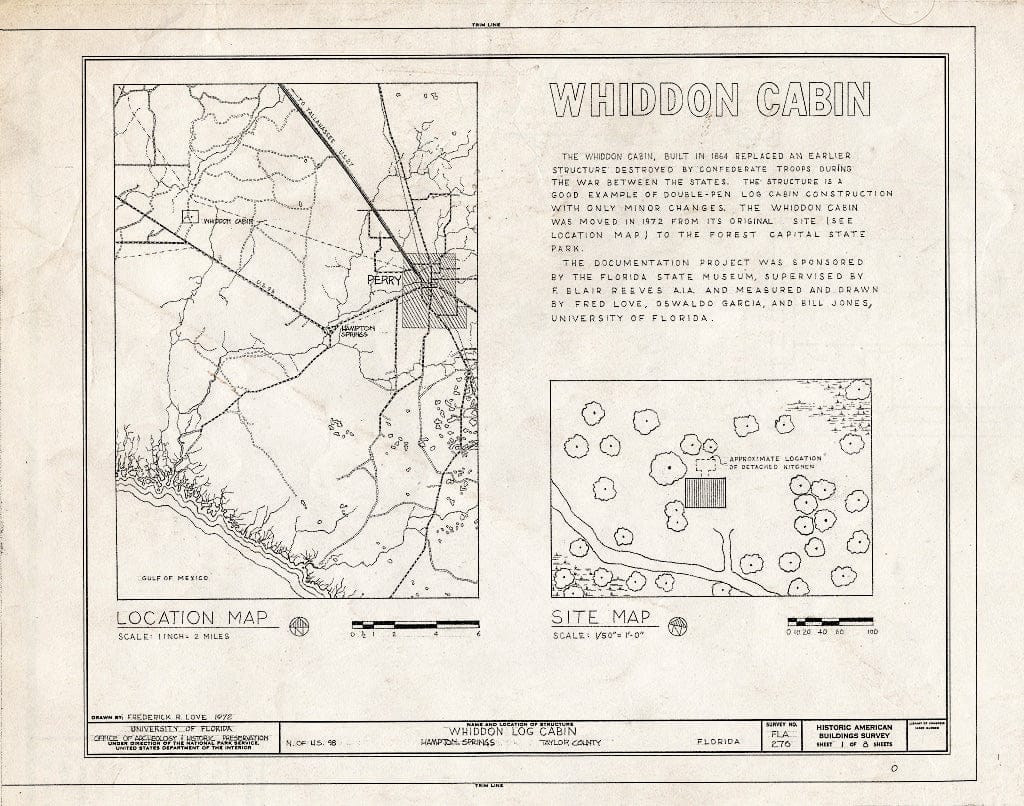 Blueprint HABS FLA,62-HAMPS.V,1- (Sheet 1 of 8) - Whiddon Log Cabin, U.S. Route 98, Hampton Springs, Taylor County, FL