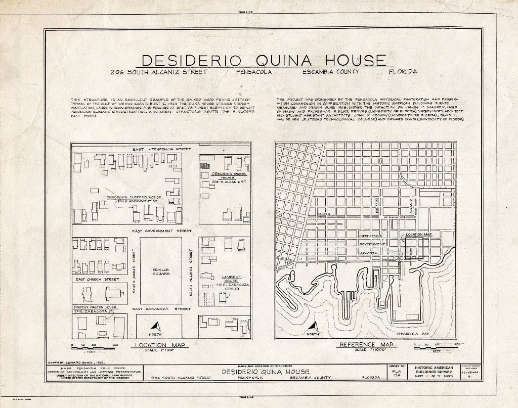 Blueprint HABS FLA,17-Pensa,9- (Sheet 1 of 7) - Desiderio Quina House, 206 South Alcaniz Street, Pensacola, Escambia County, FL