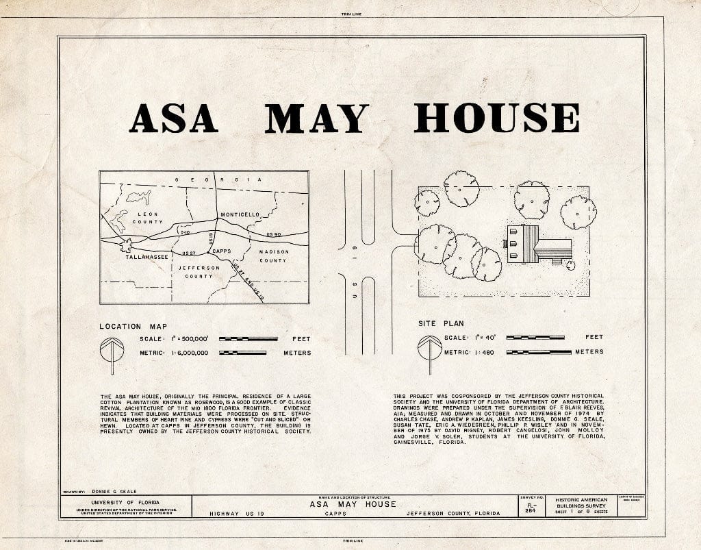 Blueprint HABS FLA,33-Capps,1- (Sheet 1 of 8) - ASA May House, U.S. Route 19, Capps, Jefferson County, FL