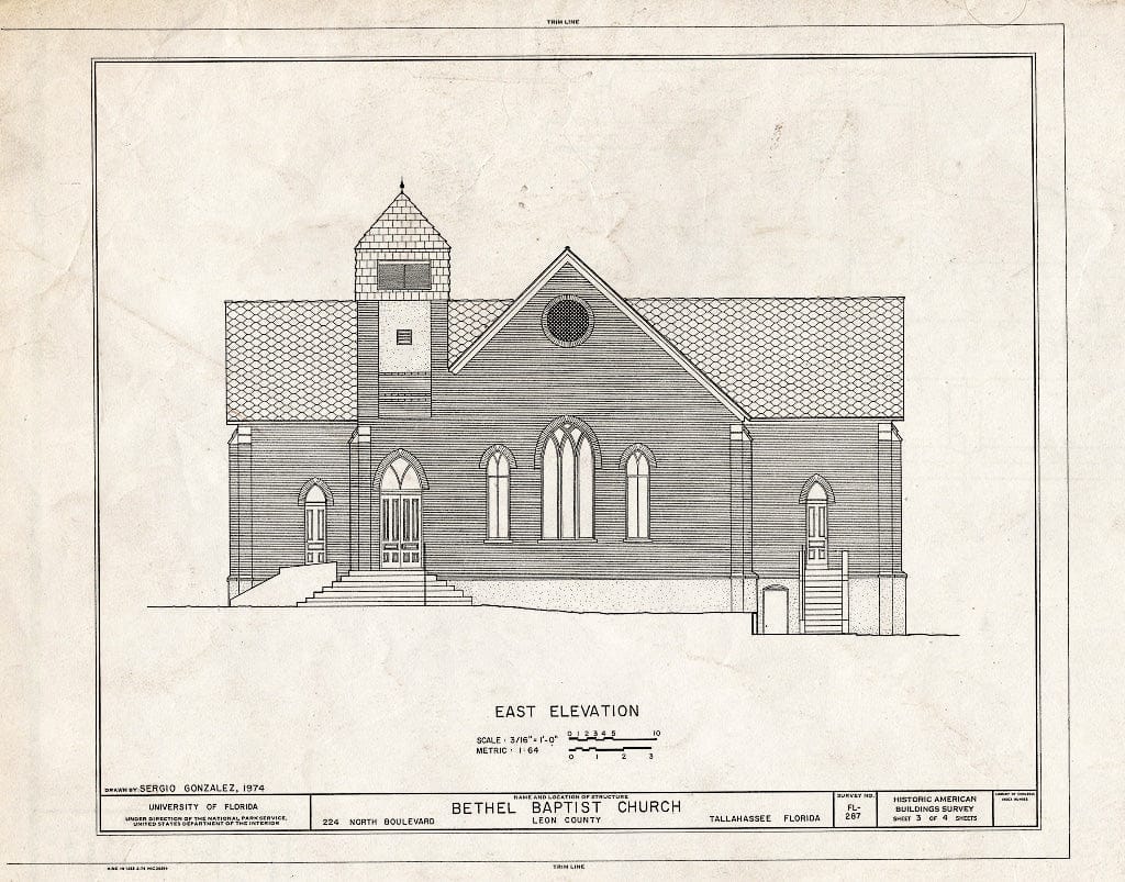 Blueprint HABS FLA,37-TALA,8- (Sheet 3 of 4) - Bethel Baptist Church, 224 North Boulevard, Tallahassee, Leon County, FL