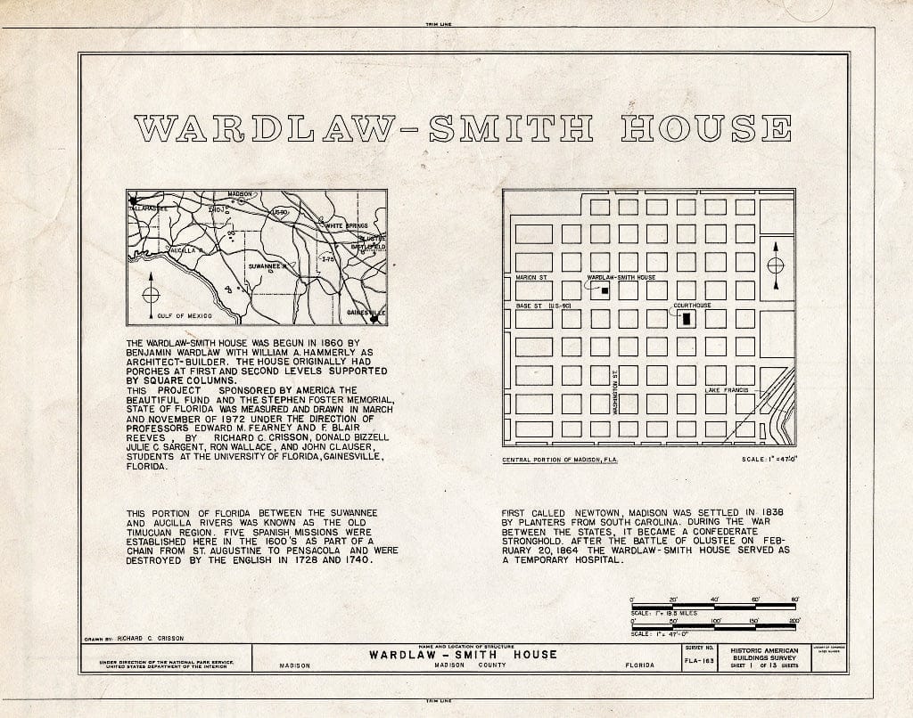 Blueprint HABS FLA,40-MAD,1- (Sheet 1 of 13) - Wardlaw-Smith House, Washington Street, Madison, Madison County, FL