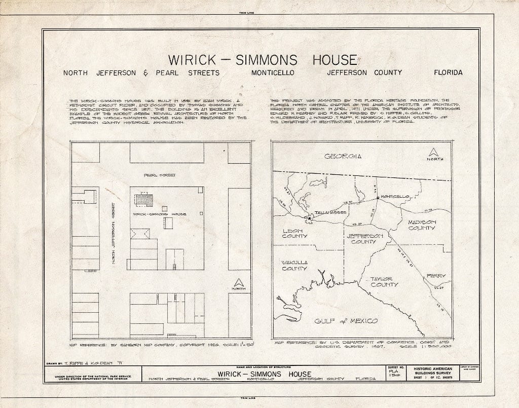 Blueprint HABS FLA,33-Mont,2- (Sheet 1 of 12) - Wirick-Simmons House, Jefferson & Pearl Streets, Monticello, Jefferson County, FL