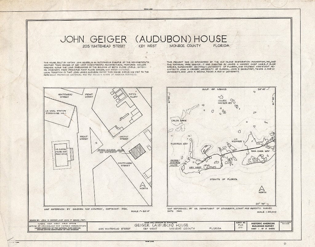 Blueprint HABS FLA,44-Key,10- (Sheet 1 of 6) - John Geiger House, 205 Whitehead Street, Key West, Monroe County, FL