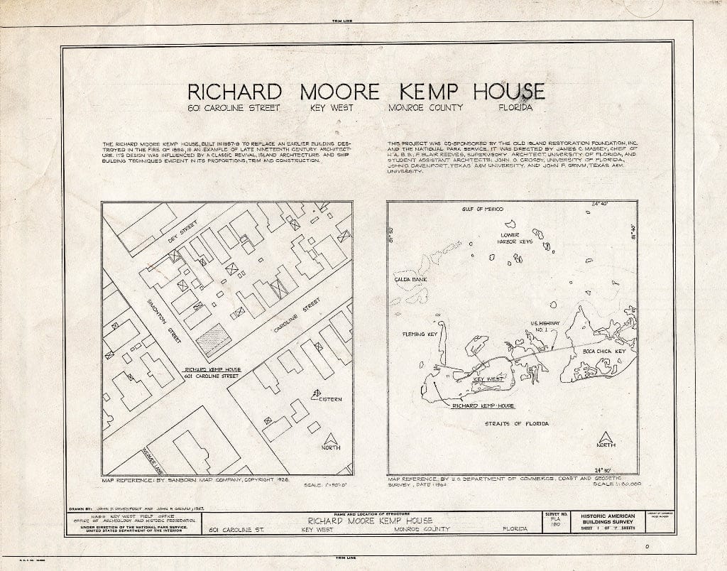 Blueprint HABS FLA,44-Key,7- (Sheet 1 of 7) - Richard Moore Kemp House, 601 Caroline Street, Key West, Monroe County, FL