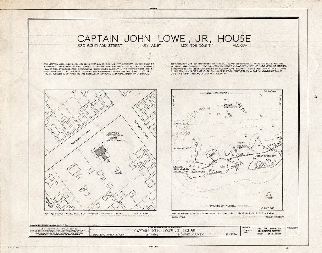Blueprint HABS FLA,44-KEY-21- (Sheet 1 of 8) - Captain John Lowe Jr. House, 620 Southard Street, Key West, Monroe County, FL