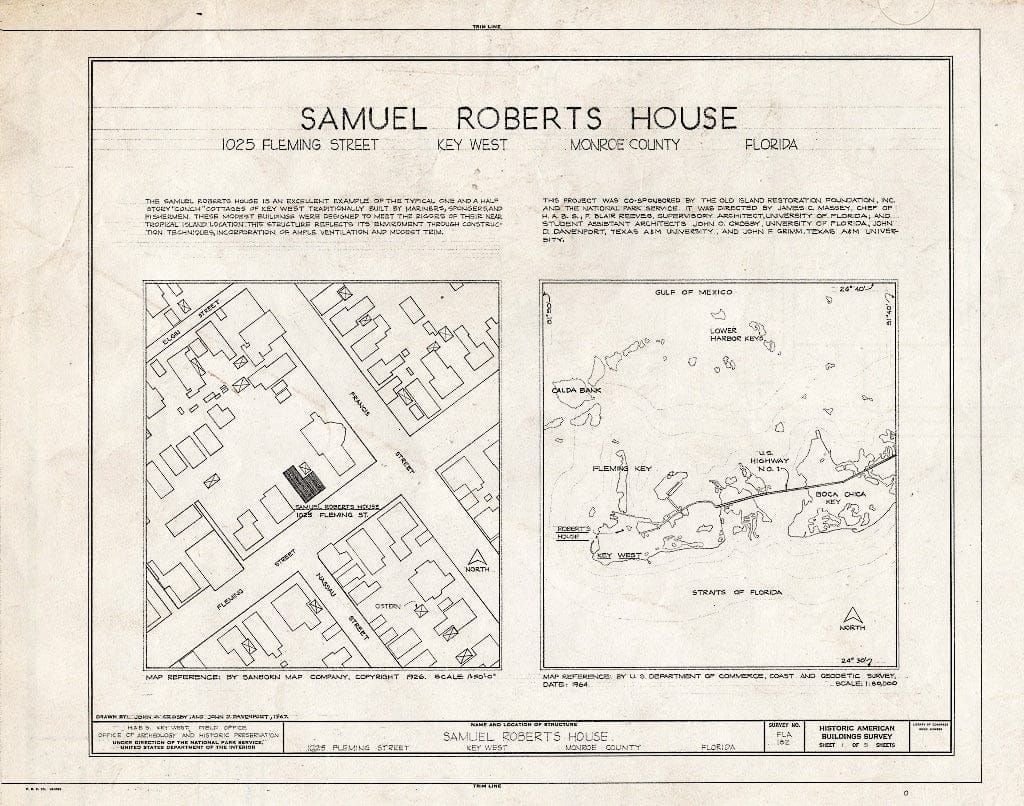 Blueprint HABS FLA,44-Key,20- (Sheet 1 of 5) - Samuel Roberts House, 1025 Fleming Street, Key West, Monroe County, FL