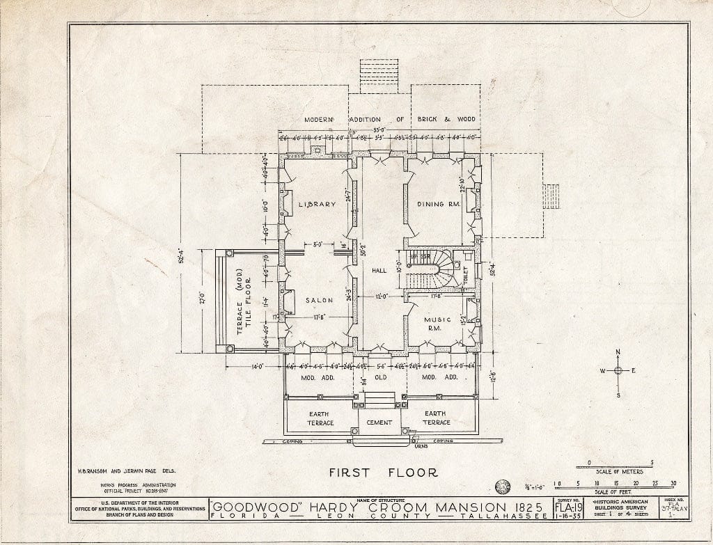 Blueprint HABS FLA,37-TALA.V,1- (Sheet 1 of 4) - Goodwood Plantation, Tallahassee, Leon County, FL