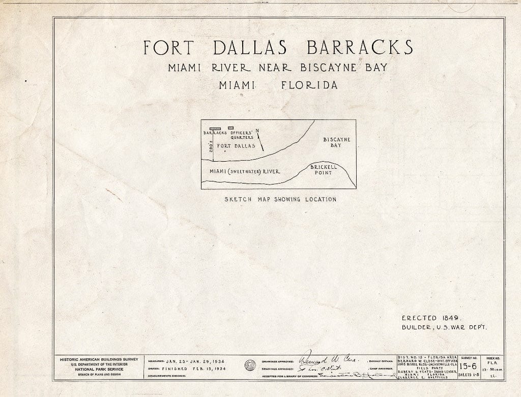 Blueprint HABS FLA,13-MIAM,1A- (Sheet 0 of 5) - Fort Dallas, Barracks, Lummas Park, Miami, Miami-Dade County, FL