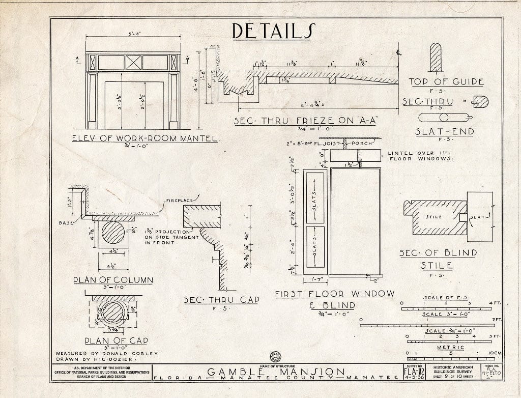 Blueprint HABS FLA,41-ELTO,1- (Sheet 9 of 10) - Gamble Mansion, Manatee River Vicinity, Ellenton, Manatee County, FL