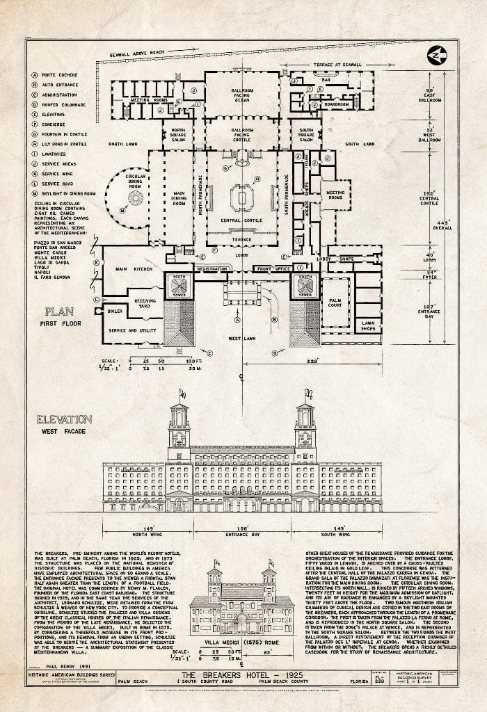 Blueprint HABS FLA,50-Palm,9- (Sheet 1 of 1) - The Breakers Hotel, South County Road, Palm Beach, Palm Beach County, FL