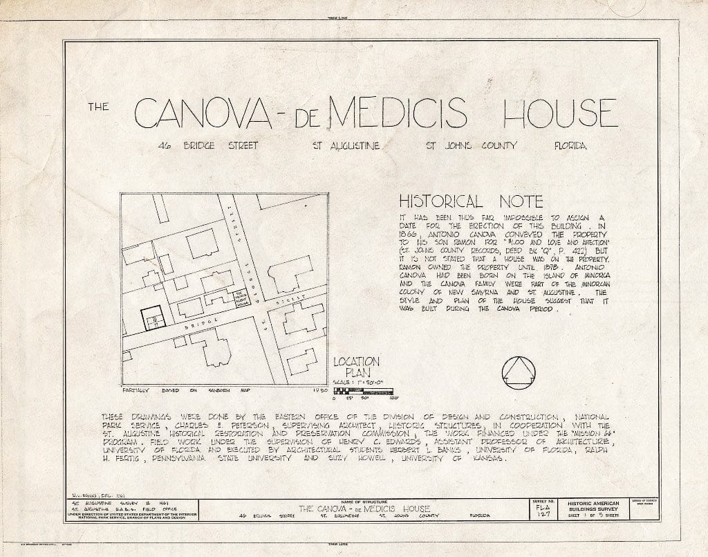 Blueprint HABS FLA,55-SAUG,26- (Sheet 1 of 5) - Canova-DeMedicis House, 46 Bridge Street, Saint Augustine, St. Johns County, FL