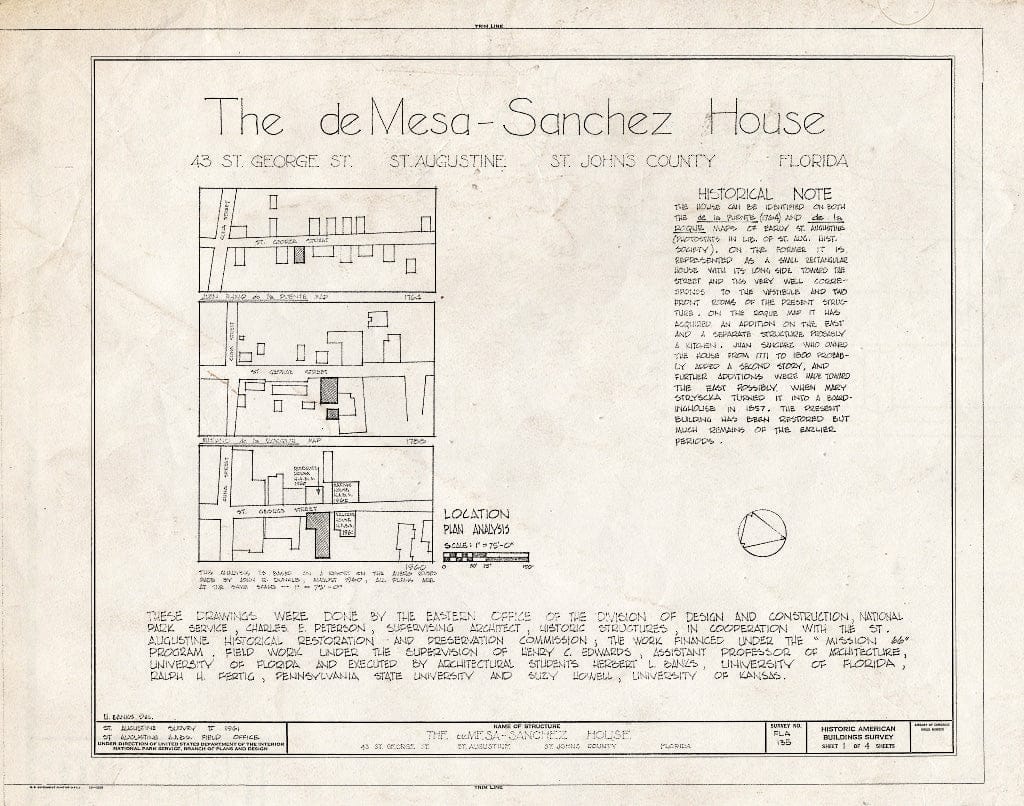 Blueprint HABS FLA,55-SAUG,33- (Sheet 1 of 4) - DE Mesa-Sanchez House, 43 Saint George Street, Saint Augustine, St. Johns County, FL