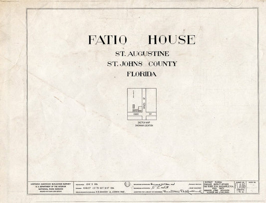 Blueprint 0. Cover Sheet - Ximenez-Fatio House, 22 Aviles Street, Saint Augustine, St. Johns County, FL