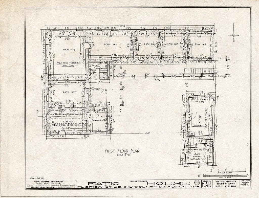 Blueprint 1. First Floor Plan - Ximenez-Fatio House, 22 Aviles Street, Saint Augustine, St. Johns County, FL