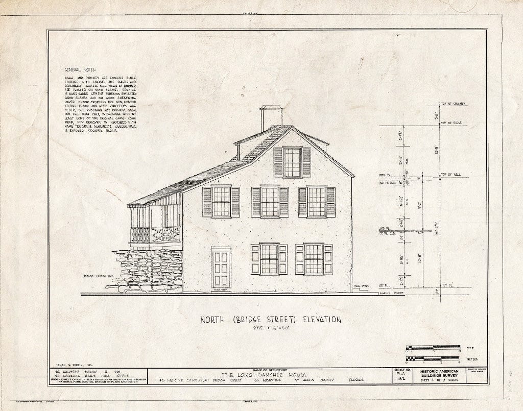 Blueprint North (Bridge Street) Elevation - Long-Sanchez House, 43 Marine Street, Saint Augustine, St. Johns County, FL