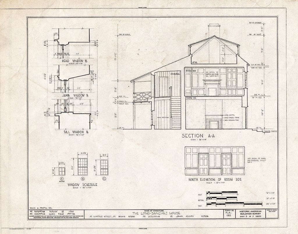 Blueprint Section, North Elevation of Room 202, and Window Details - Long-Sanchez House, 43 Marine Street, Saint Augustine, St. Johns County, FL
